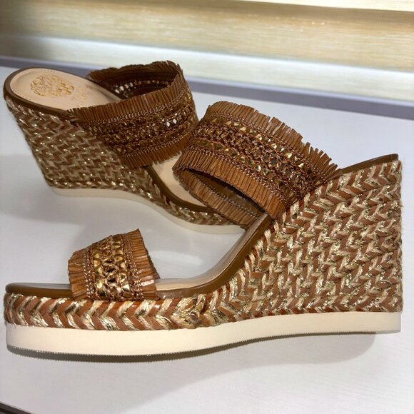 Vince Camuto Shoes - Vince Camuto Brown Woven Raffia Fringe Wedge Sandals – Size 11